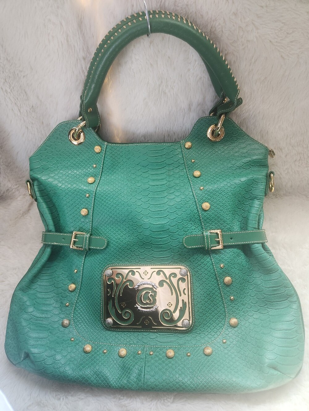 Carmen Steffens Green Python Embossed Leather Y2K Studded Hobo Tote Shoulder Bag